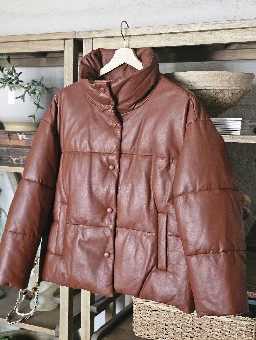 Free People Funnel Neck Leather Puffer Jacket Snap Buttons Closure Sz L
